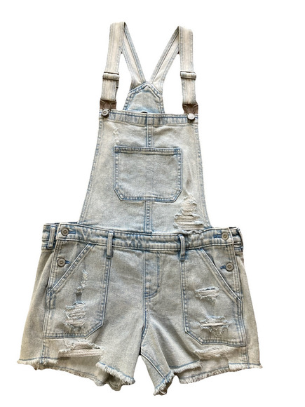 Hollister Women’s Boyfriend Short Overalls Sz M New Blue Denim Shortall Distress - Picture 1 of 7